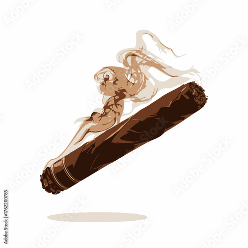 Classic lit cigar with elegant smoke trail. Rich brown tobacco product. Isolated vector illustration on white for luxury, leisure, or vintage themes.