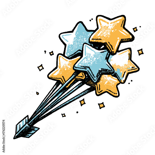 Hand-drawn star balloons illustration with sparkle, festive blue and gold design, celebration, party, success, achievement concept