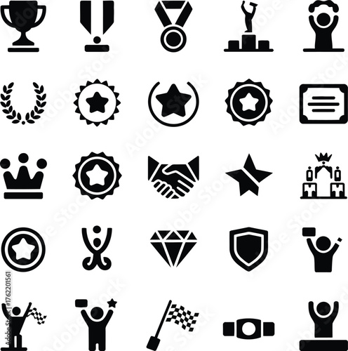 Success and achievement icon set with trophy, medal, badge, star and winner symbols.