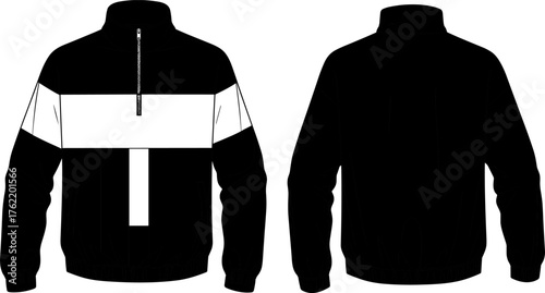 Zip-up jacket front and back view, high collar, bold stripe design, elastic cuffs and waistband, fashion flat sketch, vector illustration