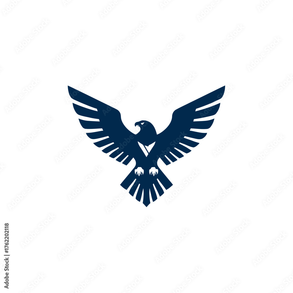 Obraz premium Powerful stylized dark blue eagle silhouette in flight. Majestic bird of prey with open wings, symbol of freedom, strength, and vision.