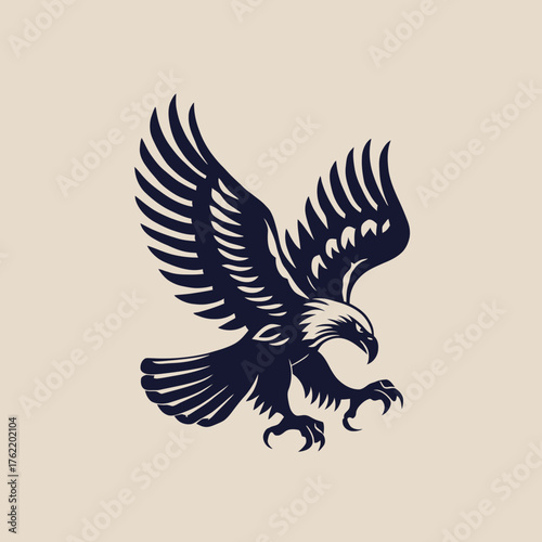 Majestic flying eagle illustration with powerful spread wings and sharp talons, dynamic raptor bird of prey emblem design