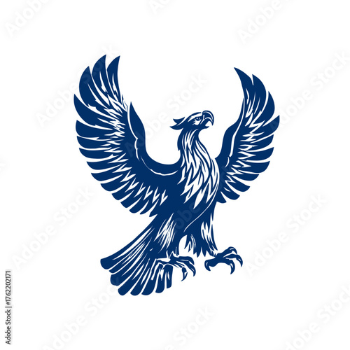 Powerful dark blue eagle illustration with widespread wings, soaring majestically. Stylized bird symbol of freedom, strength, and vision.