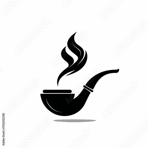 Classic smoking pipe icon with rising smoke, elegant black silhouette vector graphic illustration, vintage old fashioned design.