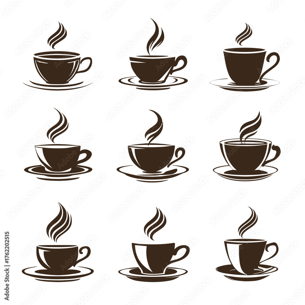 Obraz premium Collection of Hot Coffee Cups with Rising Steam Vector Icons. Set of Brown Stylized Mugs for Cafe, Beverage, and Drink Menus.