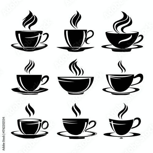 Elegant Hot Coffee and Tea Cups Silhouette Icons Set with Steaming Beverages, perfect for graphic design elements