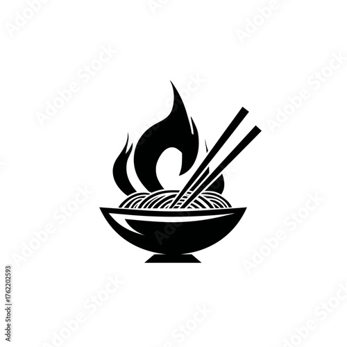 Spicy hot Asian noodles in a bowl with chopsticks and flames, vector illustration. Delicious oriental food icon or logo design element.