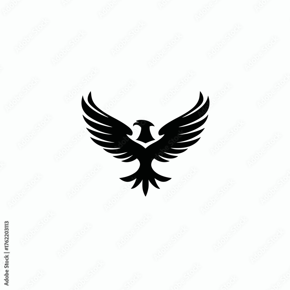 Obraz premium Majestic black eagle or phoenix silhouette icon with wings spread, symbolizing power, freedom, and strength. Vector graphic design element.