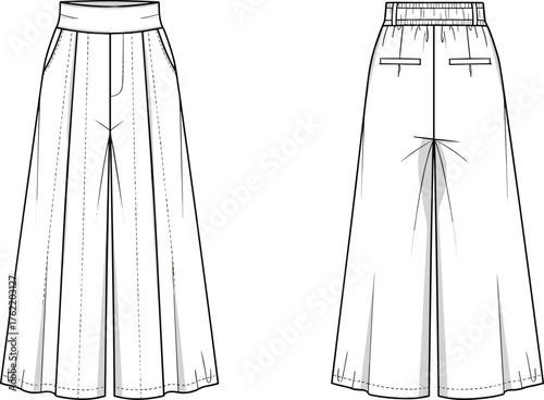 Wide leg pants technical fashion sketch, front and back view, garment construction drawing, cad drawing flat vector illustration