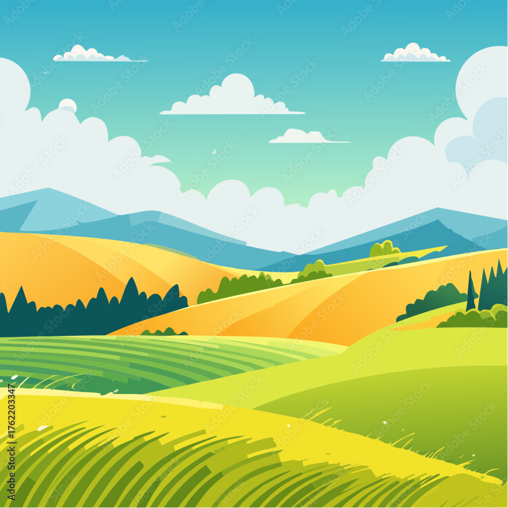 Fototapeta premium abstract Summer Hilly Landscape With Meadows Plants, Blue Sky And Clouds, vector illustration