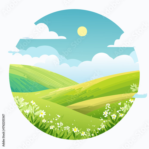 abstract Summer Hilly Landscape With Meadows Plants, Blue Sky And Clouds, vector illustration