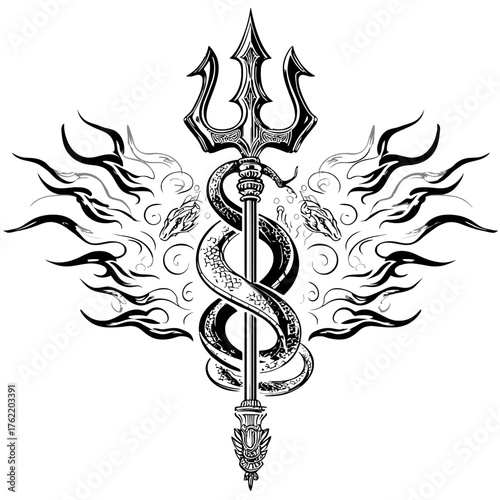 Ornate mythological trident with coiled serpent and tribal flame accents. Detailed black and white engraving style fantasy vector art.