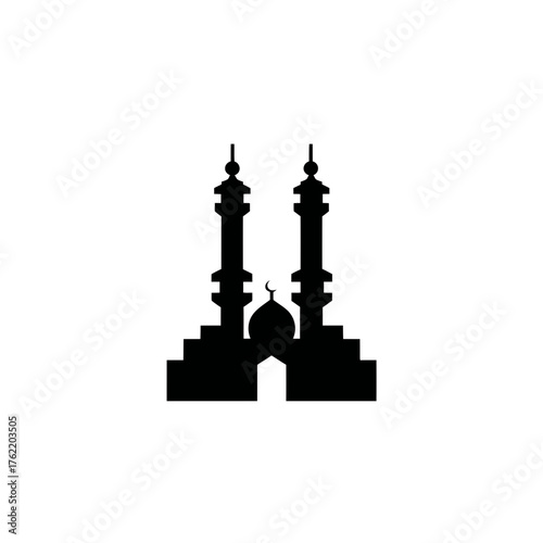 Islamic mosque silhouette icon with traditional minarets and dome. Concept of Muslim worship, religion, culture, and architecture.