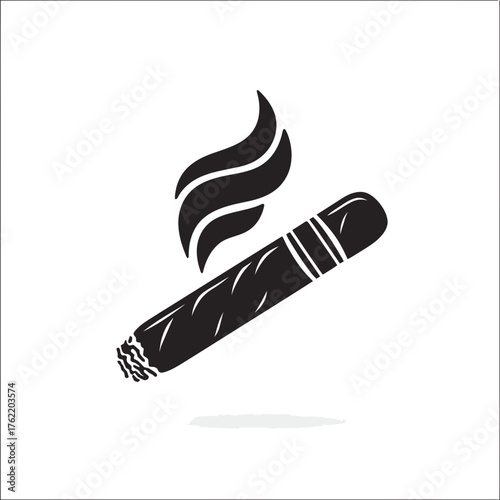 Elegant smoking cigar with rising smoke, classic tobacco luxury icon, hand-drawn vector silhouette illustration on white background.