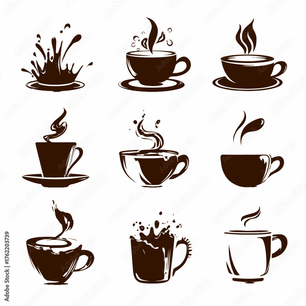 Obraz premium Collection of stylized coffee cups, tea mugs, and hot beverage vector icons with steam, splashes, and brew elements.