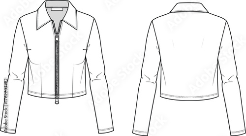 Women's cropped jacket technical flat sketch, front and back view, zipper closure, pointed collar, long sleeve, cad drawing flat vector illustration