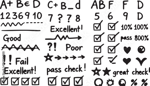 Hand Drawn Doodle Elements Featuring Success Indicators and Evaluations Representing Diverse Performance Outcomes and Feedback Assessments for Creative Projects