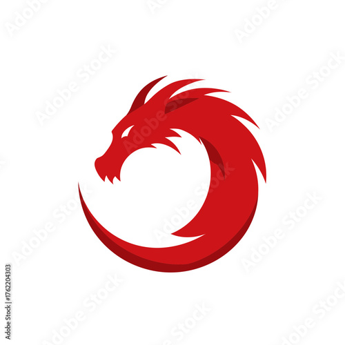 Bold red dragon head and neck illustration. Modern mythical creature icon, abstract powerful fantasy animal emblem in a circular shape.
