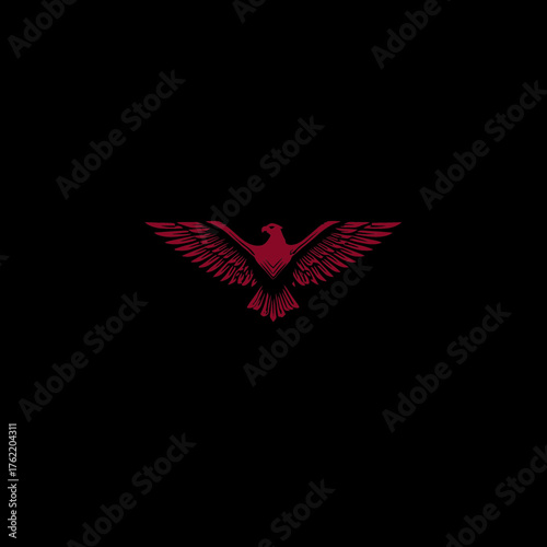Stylized majestic dark red bird of prey silhouette with wings spread, soaring against a minimalist black background graphic icon.