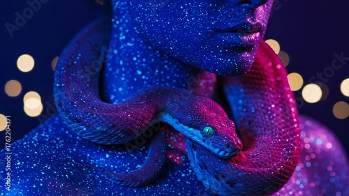 A snake coiled around a person covered in glowing blue and pink paint