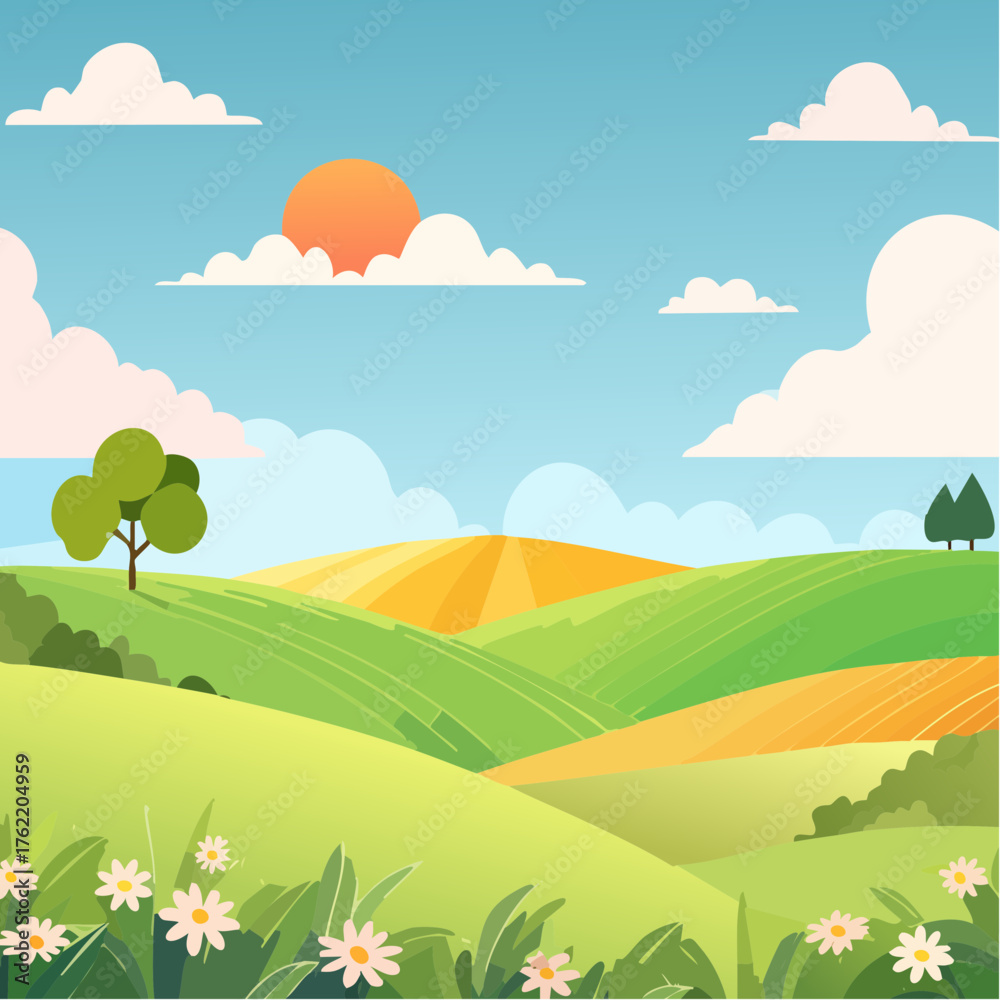 Fototapeta premium abstract Summer Hilly Landscape With Meadows Plants, Blue Sky And Clouds, vector illustration