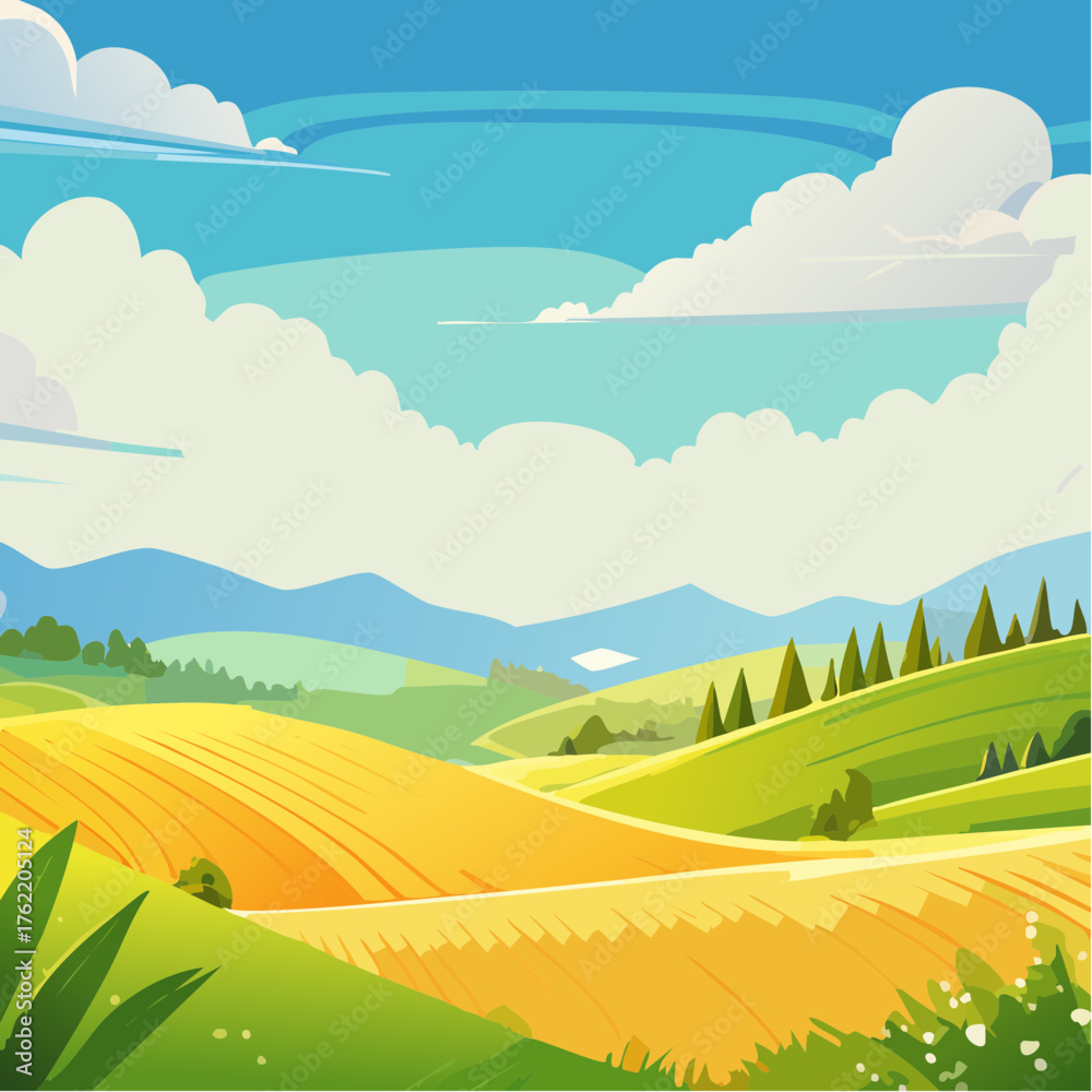 Obraz premium abstract Summer Hilly Landscape With Meadows Plants, Blue Sky And Clouds, vector illustration