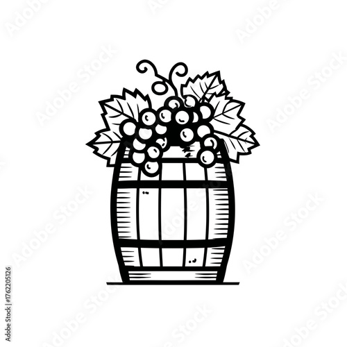 Rustic black and white illustration of a wine barrel with grapes and leaves. Vintage winery logo, vineyard emblem, or wine production design.
