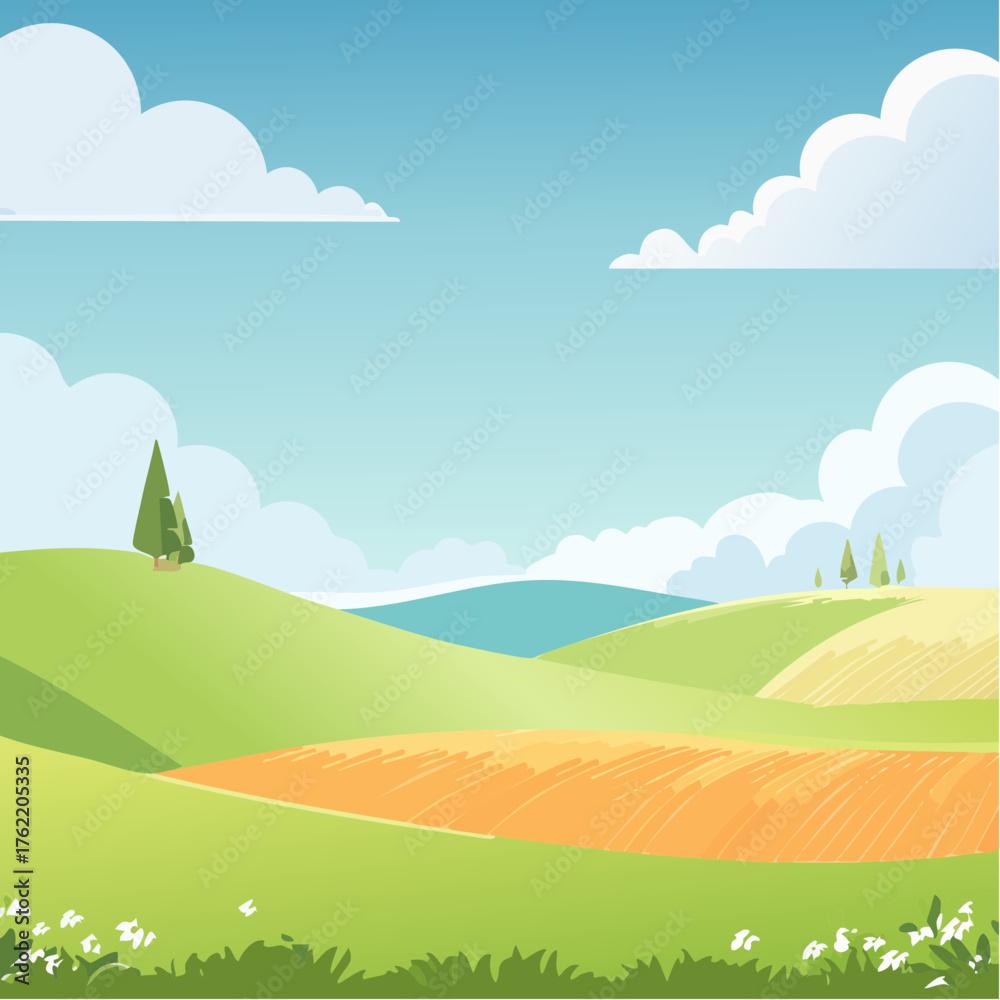 Obraz premium abstract Summer Hilly Landscape With Meadows Plants, Blue Sky And Clouds, vector illustration
