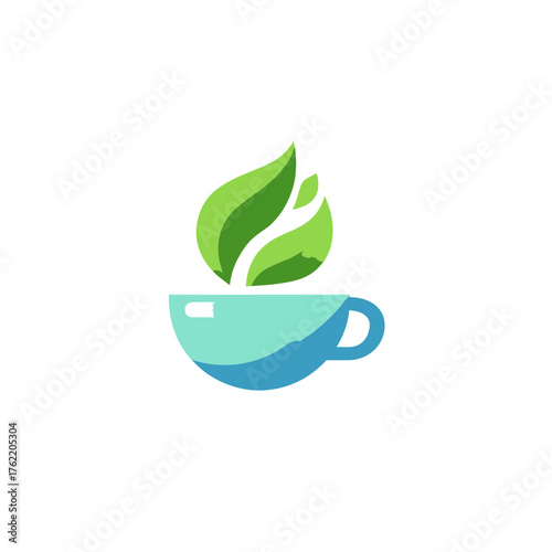 Green leaves rising from a blue teacup, symbolizing natural, organic, and healthy beverages. A refreshing herbal tea concept.