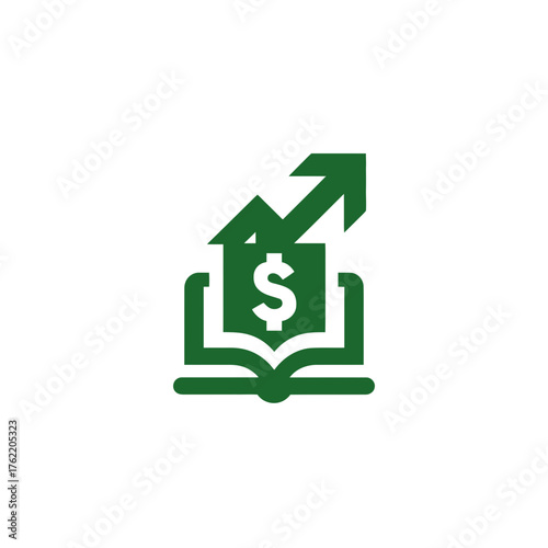 Financial literacy concept icon. Open book with dollar shield and upward arrow representing investment, education, and growth.