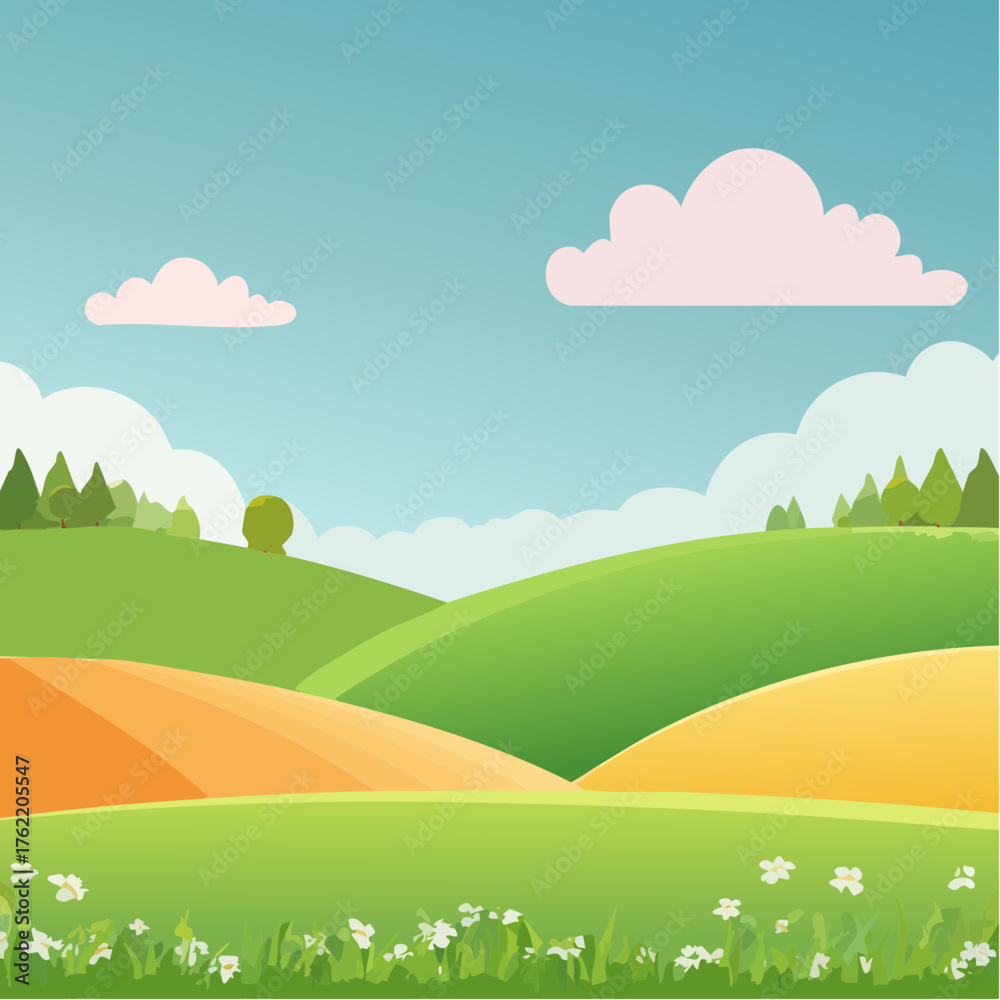 Obraz premium abstract Summer Hilly Landscape With Meadows Plants, Blue Sky And Clouds, vector illustration