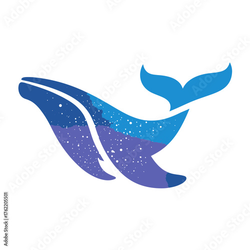 Whimsical galaxy whale illustration. Abstract marine animal graphic with starry cosmic ocean pattern, digital art.