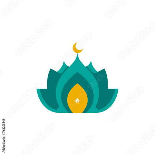 Modern stylized Islamic mosque icon with lotus flower elements and crescent moon symbol, representing peace, spirituality, and meditation