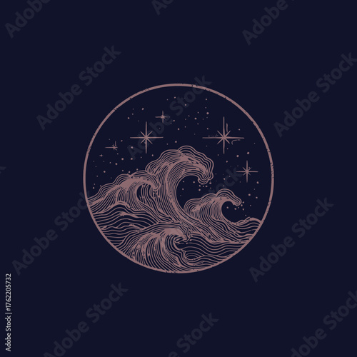 Stylized ocean waves and starry night sky in a circular graphic illustration. Vintage aesthetic marine and cosmic design.