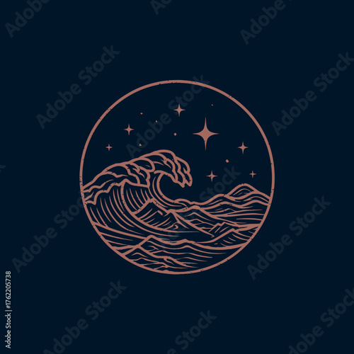 Vintage style ocean wave illustration at night with stars in a circular frame. Minimalist line art marine nature design.