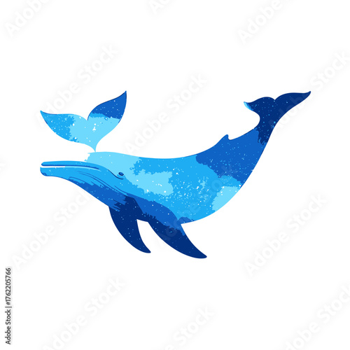 Stylized Blue Whale Illustration with Watercolor Texture. Abstract Marine Animal Graphic for Ocean Conservation and Aquatic Themes.
