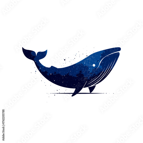 Majestic blue whale illustration with a galaxy starry night sky texture, abstract watercolor marine mammal design, ocean life