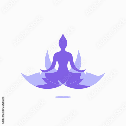Zen meditation icon: Stylized purple silhouette of a person in lotus pose, symbolizing mindfulness, spiritual peace, and yoga wellness.