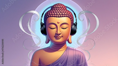 Digital illustration of serene Buddha wearing headphones, symbolizing mindfulness in the modern world with glowing aura and peaceful energy.