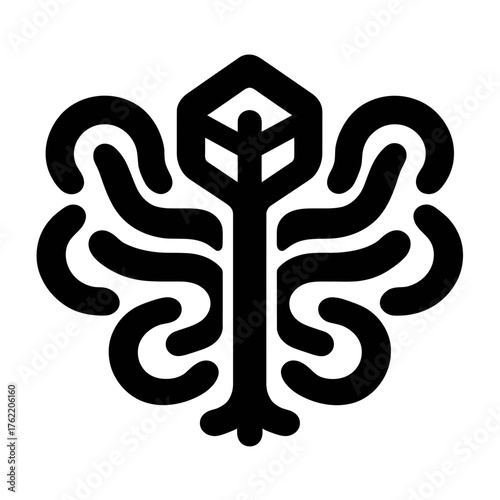 Abstract geometric organic tree icon with flowing root-like branches and crystalline top, symbolizing nature, growth, wisdom, and interconnected systems.