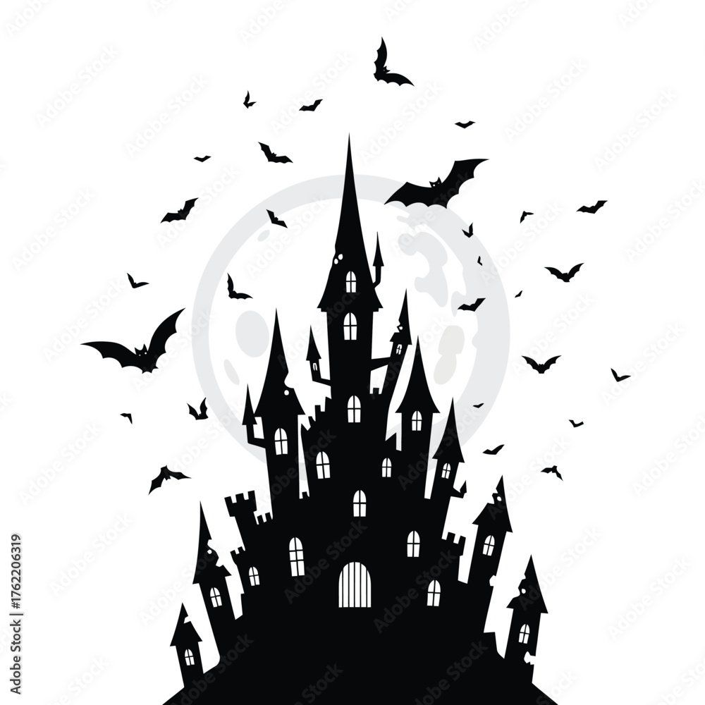 Fototapeta premium Dark silhouette of a castle with many bats flying, isolated on white background