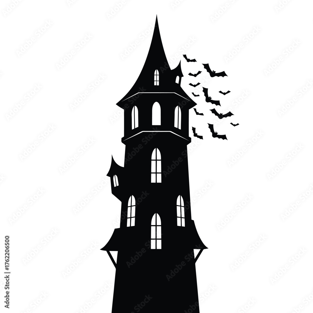 Obraz premium Silhouette of a tall haunted tower with bats flying on white background