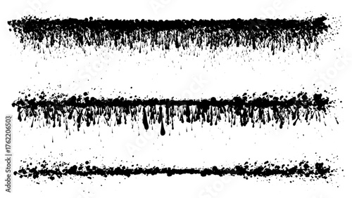 Vector dripping ink splatter lines and borders set, grunge paint drops, spray drips, and distressed stipple lines for abstract background, graffiti texture, and urban street art design