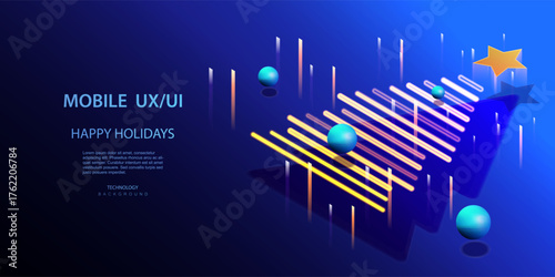 Christmas ai holiday card with technology neon balls over lighting tree. Isometric x-mas vector banner.