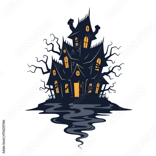 Spooky haunted house with glowing windows and dead trees isolated on white background