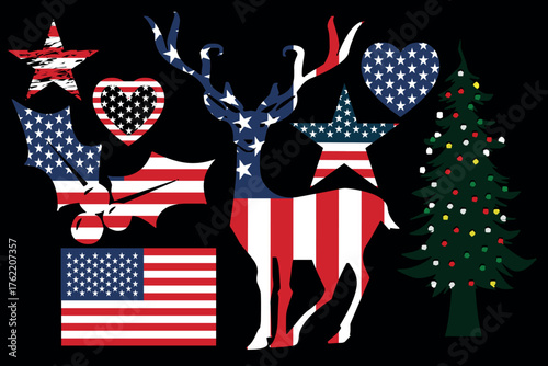 Patriotic Assemblage: An artistic arrangement of festive symbols, each adorned with the Stars and Stripes, embodying the spirit of celebration and patriotism.