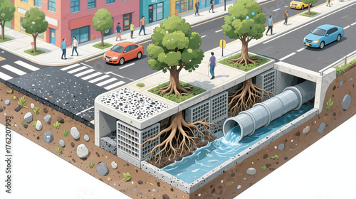 Urban street cross section with sponge city drainage, green trees, porous pavement, stormwater tunnel, roots visible, calm vibe