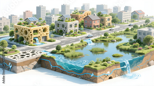 Sustainable city sponge concept with green roofs urban wetland water flow cross section eco homes solar panel street trees modern drainage system
