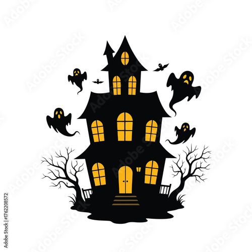 Haunted house with ghosts isolated on white background