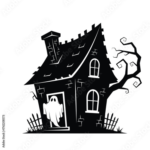 Spooky haunted house with a ghost isolated on white background